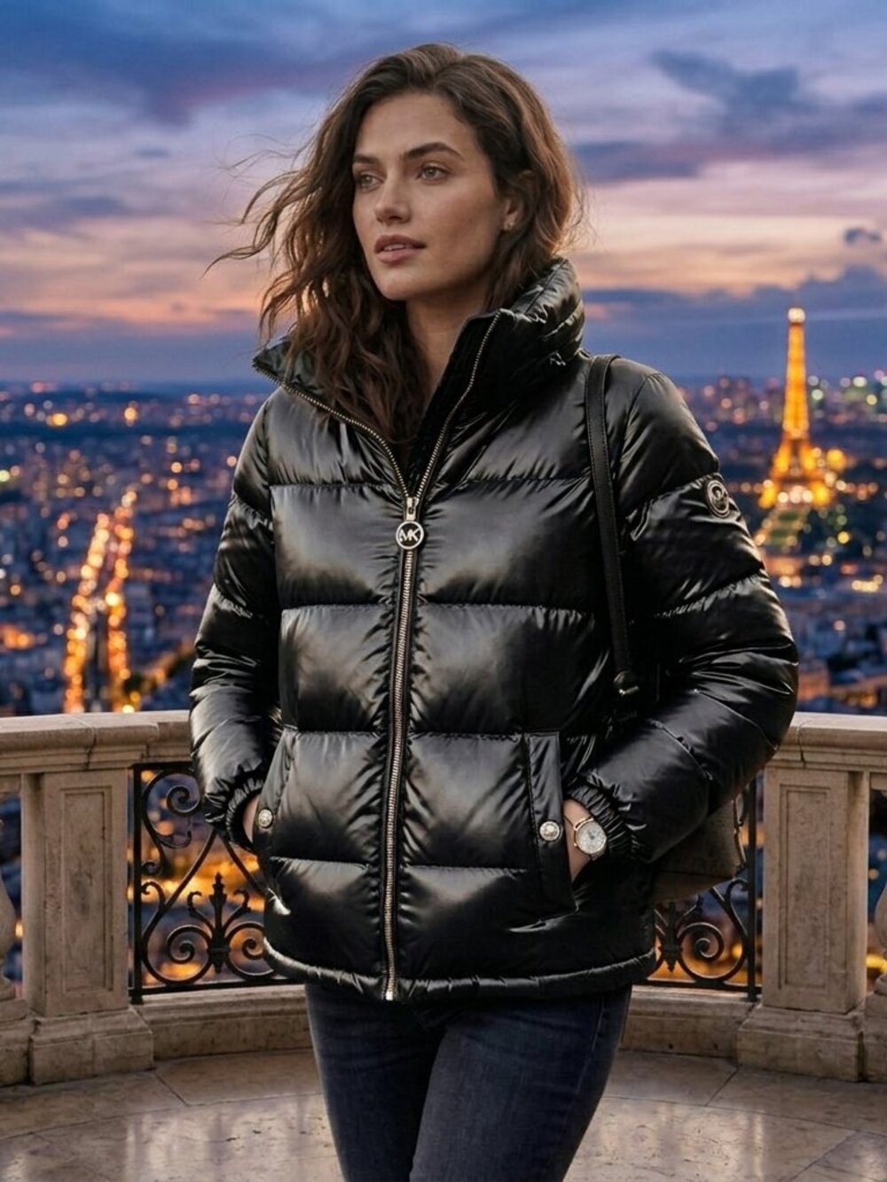 Michael Kors Metallic Shiny Puffer Jacket - M826687B74 - Black Metallic - LARGE